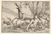 Earth, represented by Cybele seated at the base of a tree with fruits of the earth spread before her, a cupid with a torch approaches from the right, a stag and hound look toward Cybele from the left, from 