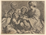 Madonna and Child with Saints Elizabeth and John the Baptist (Madonna della Scodella), the seated Mary and the infant Christ hold a cup from which the young Baptist drinks, Elizabeth lifts both hands, Annibale Carracci Italian, Etching and engraving