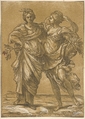 Two women representing the alliance of Peace and Abundance, Bartolomeo Coriolano Italian, Chiaroscuro woodcut from two blocks in brown and black