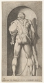 Plate 15: Hercules standing in a niche, wearing a lion skin and holding a club, viewed from behind, with his head turned to the left, from a series of mythological gods and goddesses, Giovanni Jacopo Caraglio Italian, Engraving