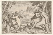 Love Conquers All (Omnia vincit Amor), in a struggle with a satyr Amor places his right knee on its thigh, two nude nymphs are seated with interlocking legs at the base of a tree, Agostino Carracci  Italian, Engraving
