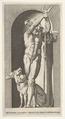 Plate 7: Pluto in a niche, holding a bident, with Cerberus next to him, from a series of mythological gods and goddesses, Giovanni Jacopo Caraglio Italian, Etching