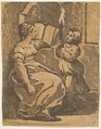 A Sybil reading facing right, Ugo da Carpi  Italian, Chiaroscuro woodcut from two blocks in brown