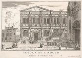 Plate 37: Side view of the school of St. Roch at left and view of facade of the church of St. Roch, Venice, 1703 from the series 'The buildings and views of Venice' (Le fabriche e vedute di Venezia), Luca Carlevaris (Italian, Udine 1663/65–1730 Venice), Etching