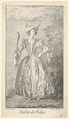 Plate 46: Habit de Folie: a woman in a ballet pose, wearing a bonnet and holding a marotte in her right hand, from "New designs for costumes" (Nouveaux desseins d'habillements à l'usage des balets operas et comedies), Claude Gillot French, Etching
