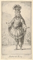 Habit de Roy: a man wearing a tonnelet decorated with rosettes, a crown and a turban with feathers on his head, from "New designs for costumes" (Nouveaux desseins d'habillements à l'usage des balets operas et comedies), François Joullain French, Etching
