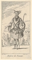 Habit de Faune: a faun wearing a tonnelet with a flute attached, a cane in his right hand and vines around his horns, from "New designs for costumes" (Nouveaux desseins d'habillements à l'usage des balets operas et comedies), François Joullain French, Etching