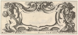 Plate 2: a cartouche with a child seen from the back to left and a child seen from the front to right, each playing with the head of a sheep crowned with flowers, from 'Twelve cartouches' (Recueil de douze cartouches), François Collignon (French, Nancy ca. 1610–1687 Rome), Etching; second state of four