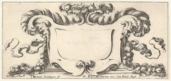 Plate 11: a cartouche with fruits, flowers, and leaves at top, a mask of a faun in profile to either side with a festoon of fruits and flowers in each of their mouths, from 'Twelve cartouches' (Recueil de douze cartouches), François Collignon (French, Nancy ca. 1610–1687 Rome), Etching; second state of four