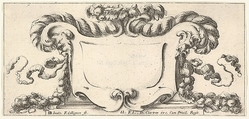 Plate 11: a cartouche with fruits, flowers, and leaves at top, a mask of a faun in profile to either side with a festoon of fruits and flowers in each of their mouths, from 