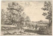 Rebecca and Eliezer taking leave of her father, Bethuel, set in a landscape, a large tree to the left, Claude Lorrain (Claude Gellée) French, Etching