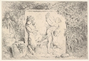 A bas-relief depicting a satyr at left holding two infants, another child satyr to right, dancing to the sound of the sistrum played by the woman in center, around the relief, a vase decorated with the head of a satyr, plants, and a thyrsus, from "Four Bacchanalia" (Quatre Bacchanales), Jean Honoré Fragonard French, Etching