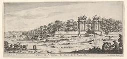 View of the gate of the residence of the Queen Mother, from "Views and new perspectives, drawn from the most beautiful places of Paris and environs" (Veües et perspectives nouvelles, tirées sur les plus beaux lieux de Paris et des environs), Claude Goyrand French, Etching