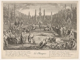 The Funeral (Les Obseques): various satyrs gathered in a clearing, funeral pyre to left, a freshly dug grave and a tomb decorated with satyr heads and antlers in center, upon which musicians are seated, from "The lives of satyrs" (La vie des satyres), Claude Gillot  French, Etching