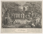 The Marriage (Le Mariage): in a forest, an old satyr marries the betrothed in center, musicians to right, old satyrs with canes to the left, a couple consulting an old philosopher to left in the foreground, from "The lives of satyrs" (La vie des satyres), Claude Gillot  French, Etching
