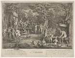 The Education (L'Education): in a forest, to right an old satyr instructor holding a wand, teaching a group of children, to the left a merchant of orvietan trying to attract spectators with his act, from "The lives of satyrs" (La vie des satyres), Claude Gillot  French, Etching