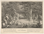 The Birth (La Naissance): in a forest, the new mother resting in a hammock at center, the newborn below her to left, various satyrs and goats surrounding, from "The lives of satyrs" (La vie des satyres), Claude Gillot  French, Etching