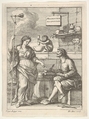 A monkey working a mortar and pestle, below Lorenzo Lippi (?) writing his humorous poem "Malmantile Racquistato", a muse standing at left, Francesco Zucchi Italian, Etching