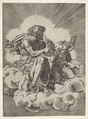 St. Matthew, seated on a cloud with legs crossed and dipping a quill into an inkwell held by an angel, who also holds an inscribed scroll, from a series of the four evangelists after Agostino Veneziano, which are in turn after Giulio Romano, Anonymous, Italian, 16th century  Italian, Engraving
