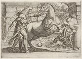 Hercules and the Mares of Diomedes: Hercules grasps the bridle of a rearing horse, a second horse tramples a figure in at right, from "The Labors of Hercules", Antonio Tempesta  Italian, Etching