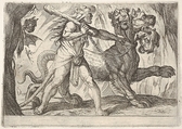 Hercules and Cerberus: Hercules grasps the collar of Cerberus, two demons appear at left, from "The Labors of Hercules", Antonio Tempesta  Italian, Etching