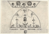 Two panels of grotesque decoration, with winged human figures, birds, and griffins, from a series of panels of different dimensions representing grotesques, Enea Vico Italian, Engraving