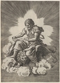 St. Mark, seated with an unfurled scroll in his hands, a winged lion's head and forefeet emerge beneath his robes, from a series of the four evangelists after Agostino Veneziano, which are in turn after Giulio Romano, Anonymous, Italian, 16th century Italian, Engraving