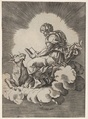 St. Luke, seated on a cloud with an open book in both hands, a bull lying at his feet, from a series of the four evangelists after Agostino Veneziano, which are in turn after Giulio Romano, Anonymous, Italian, 16th century Italian, Engraving