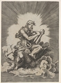 St. John, seated and holding a writing instrument to a tablet, an eagle with outstretched wings below his legs, from a series of the four evangelists after Agostino Veneziano, which are in turn after Giulio Romano, Anonymous, Italian, 16th century Italian, Engraving