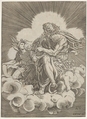 St. Matthew, seated on a cloud and dipping a quill into an inkwell held by an angel, who is also holding a scroll, from a series of the four evangelists after Giulio Romano, Agostino Veneziano (Agostino dei Musi) Italian, Engraving