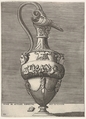 Antique Ewer with a Handle in the Shape of Two Snakes coming from the Head of Medusa below, from "Vases after the Antique", Enea Vico Italian, Engraving; second state