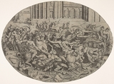 Combat between Amazons and men in front of architectural arcades, an oval composition with weapons, headgear, and bodies strewn along the bottom margin, Enea Vico Italian, Engraving