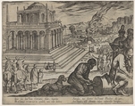 Plate 5: Tomb of Mausolus, stone masons make a column at the right, from "The Seven Wonders of the World", Antonio Tempesta  Italian, Etching