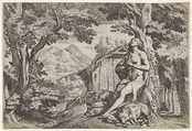 The prodigal son seated at the base of a tree among swine, his gaze directed upward and his hands folded at his chest, surrounded by a wooded landscape and a pigsty, Pietro Testa  Italian, Etching
