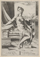 Lucretia naked and seated before a window, a dagger in her right hand and holding drapery in her left, Enea Vico Italian, Engraving