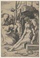 Entombment of Christ, whose chest is grasped by Joseph of Arimathea, with two kneeling and two standing female mourners at left and crown of thorns at bottom right, Enea Vico Italian, Engraving