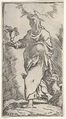 St. John the Evangelist, striding in three-quarter view toward the left and holding a chalice with snakes in his right hand, an eagle stands behind his right leg, Master F. P.  Italian, Etching
