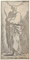 St. Bartholomew, standing in frontal view with head facing to right and holding martyr's palm with both arms, from "Christ and the Twelve Apostles", Master F. P.  Italian, Etching