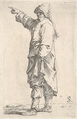 A man wearing a long outer garment and cap pointing to the left, from "Figurine", Salvator Rosa  Italian, Etching