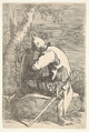 A sleeping warrior seated on a rock and leaning on his shield, from "Figurine", Salvator Rosa Italian, Etching with drypoint
