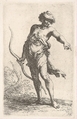 A partially dressed man holding a bow in his left hand and pointing with his right, from "Figurine", Salvator Rosa  Italian, Etching with drypoint