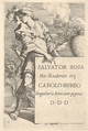 A man wearing a plumed hat pointing at an inscribed block while looking over his right shoulder at a screaming man, frontispiece for "Figurine", Salvator Rosa Italian, Etching with drypoint