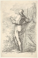 A warrior shown from behind holding a staff and leaning on a rock, from "Figurine", Salvator Rosa Italian, Etching