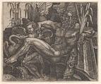 River God Po reclining on a rocky bank, a winged putto and long-necked water bird stand behind his legs, Giovanni Battista Scultori  Italian, Engraving