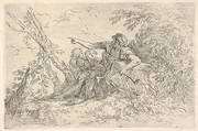 Male figure holding a flute reclining on a rock and pointing over the heads of two children, from "The Triton Group", Salvator Rosa  Italian, Etching and drypoint