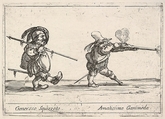 Callot figures; a dwarf man with a spear at left walking towards the right, another dwarf man with a pegleg firing a musket at right, from "Six grotesques" (Six pièces de figures grotesques), Agostino Mitelli II Italian, Etching
