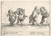 Callot figures; an old dwarf woman dancing with a young dwarf man to left, an old dwarf man touching the shoulder of a young, smiling dwarf woman, from "Six grotesques" (Six pièces de figures grotesques), Agostino Mitelli II Italian, Etching