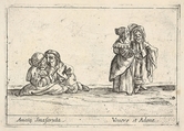 Callot figures; two seated dwarf lovers to left, the woman holding a fan, an old dwarf woman, in profile towards the right, standing with a dwarf man with long hair to right, from "Six grotesques" (Six pièces de figures grotesques), Agostino Mitelli II Italian, Etching