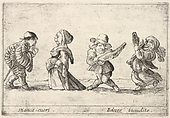 Callot figures; a well-dressed dwarf man to left declaring his love to an old dwarf woman to left, a dwarf man playing the guitar and a dwarf woman dancing with a tambourine to right, from Six grotesques (Six pièces de figures grotesques), Agostino Mitelli II Italian, Etching
