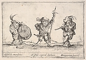 Callot figures; a dwarf man playing the drum at left, a beefeater in center, a flute player to right, from "Six grotesques" (Six pièces de figures grotesques), Agostino Mitelli II Italian, Etching